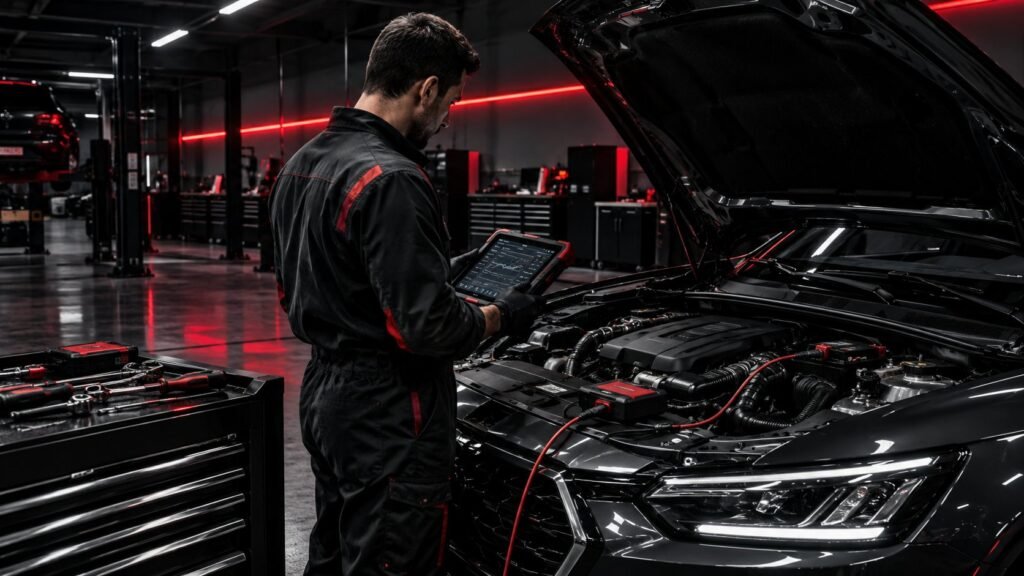Mecánico diagnosticando un auto con tablet en el taller